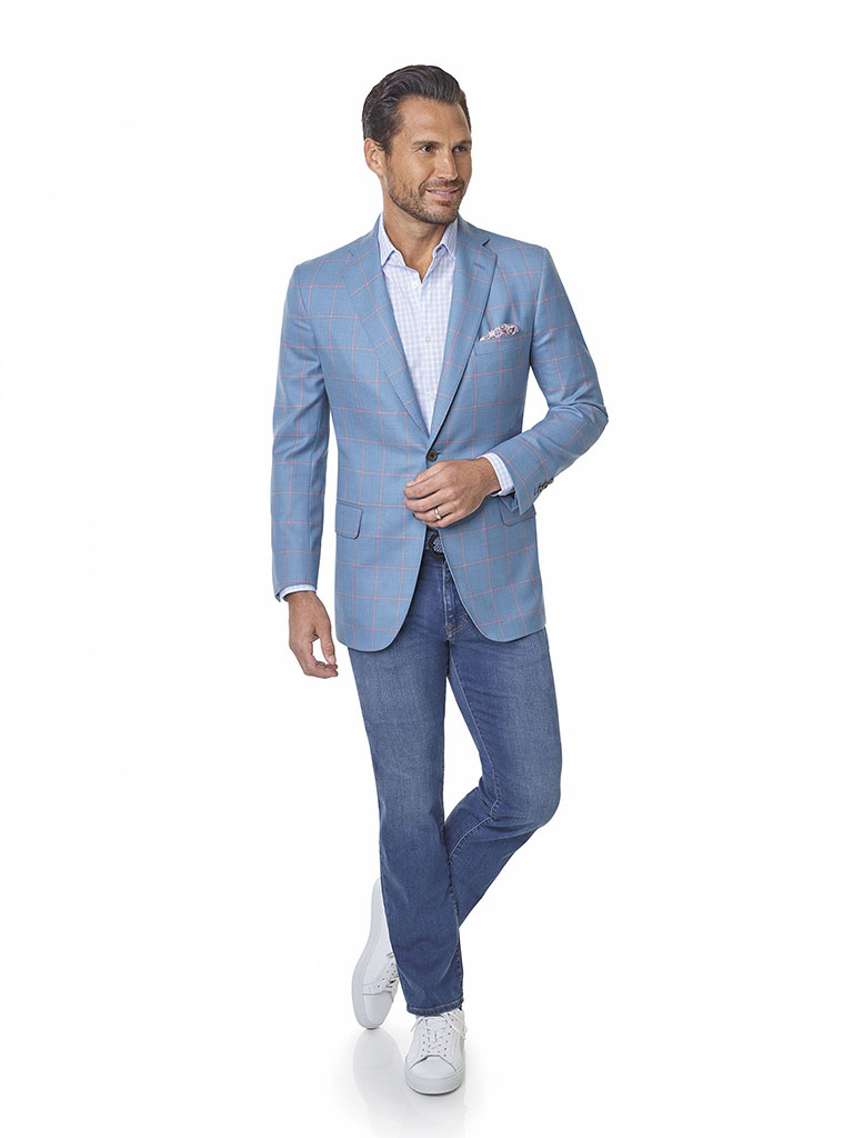 Super 100's Wool Sky Blue Windowpane Men's Sport Coat Tom James Company