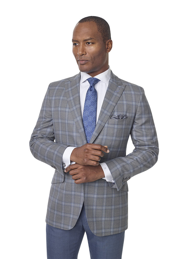 Super 120's Wool Silver & Blue Windowpane Men's Sport Coat Tom