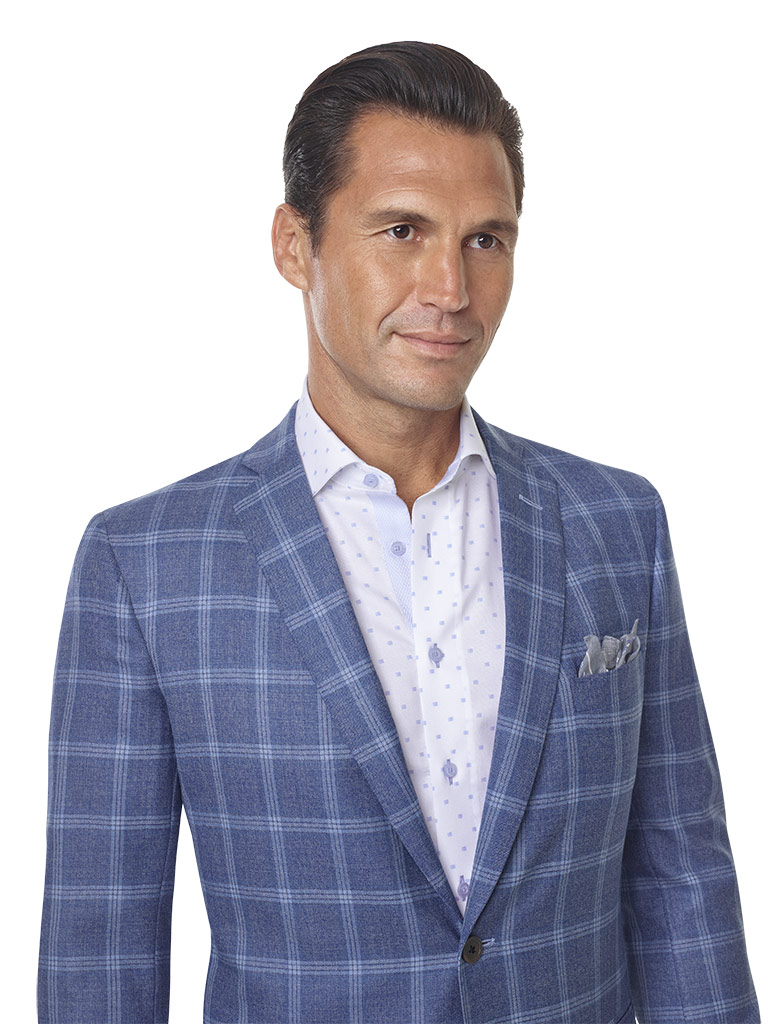 Super 120's Wool Chambray Blue Windowpane Men's Sport Coat Tom