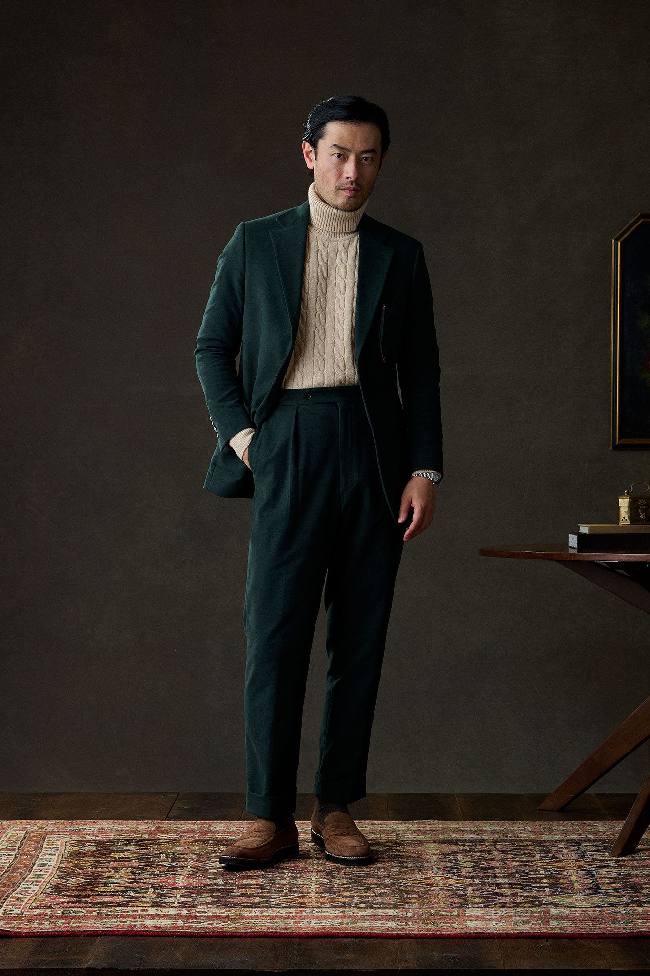 Green Moleskin Suit With Camel Cable Knit Turtleneck