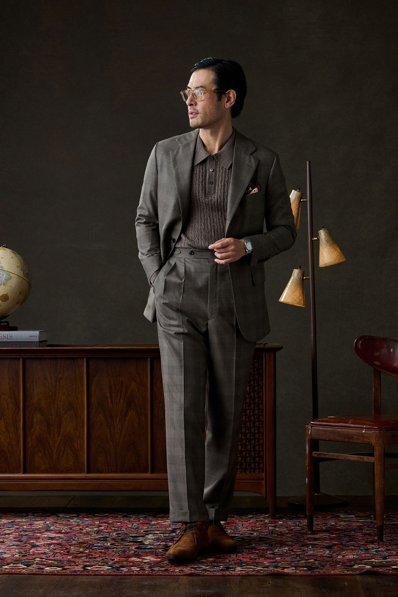 Brown Glen Plaid Suit With Brown Cable Knit Polo