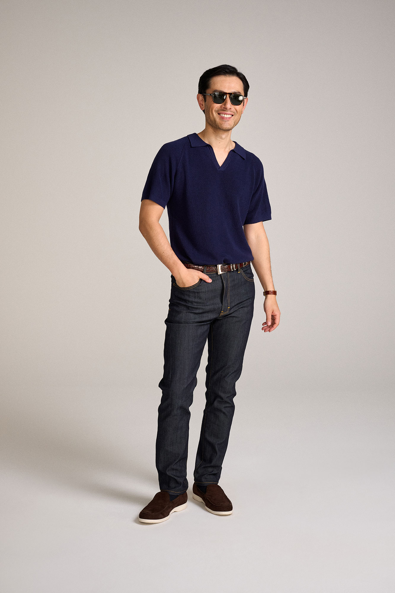 Navy Johnny Collar Knit Polo