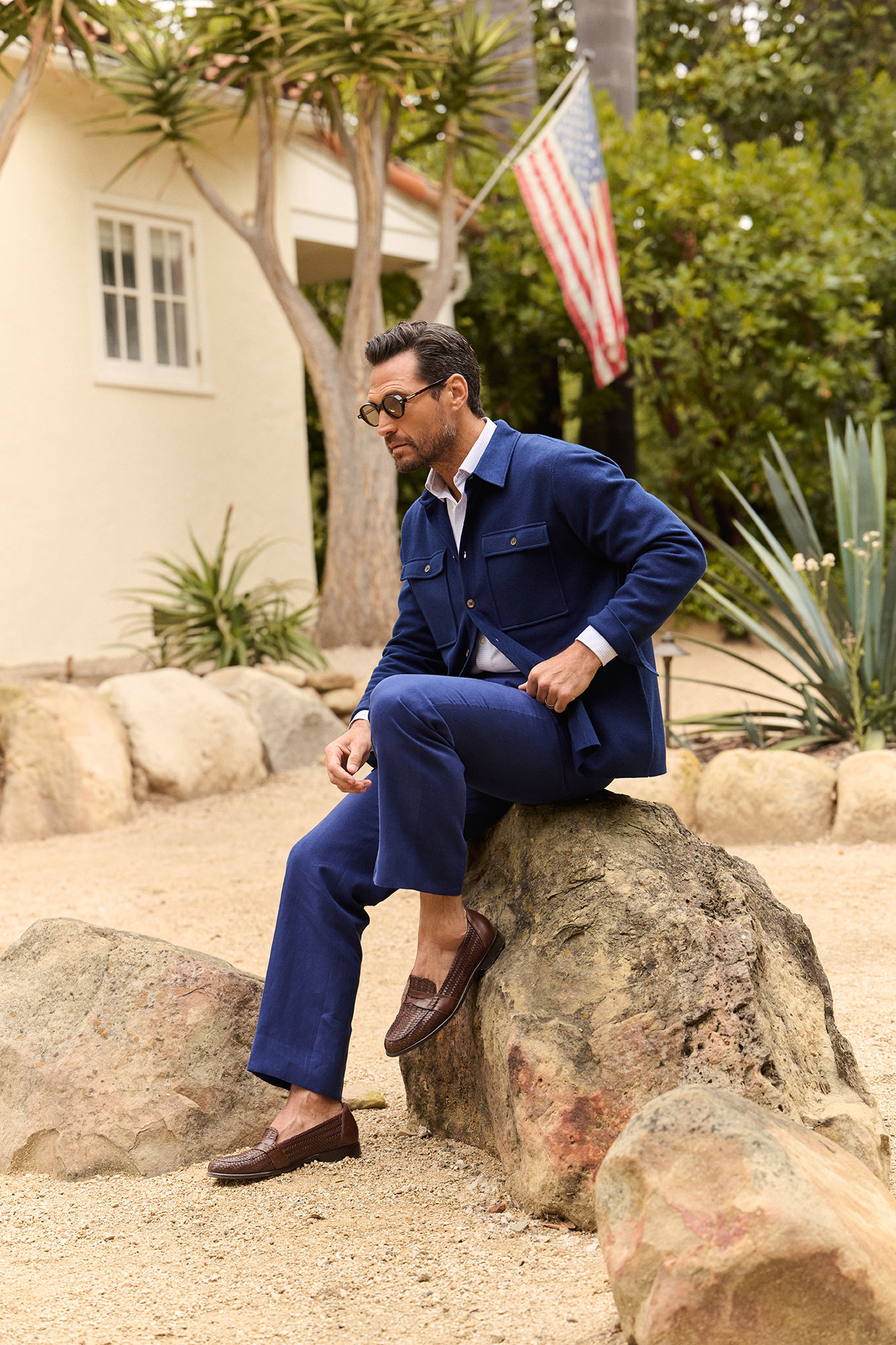 Navy Crushed Linen Trousers