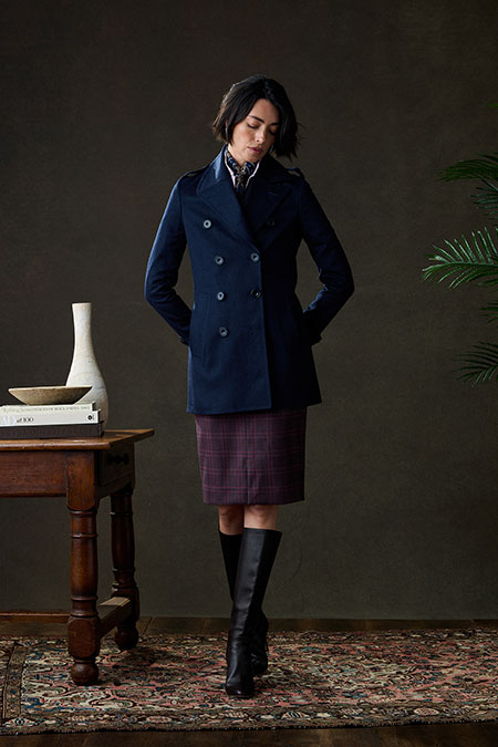 Navy Wool/Cashmere Peacoat With Burgundy Plaid Skirt