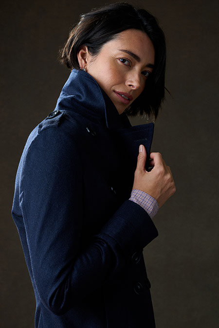 Navy Wool/Cashmere Peacoat With Burgundy Plaid Skirt