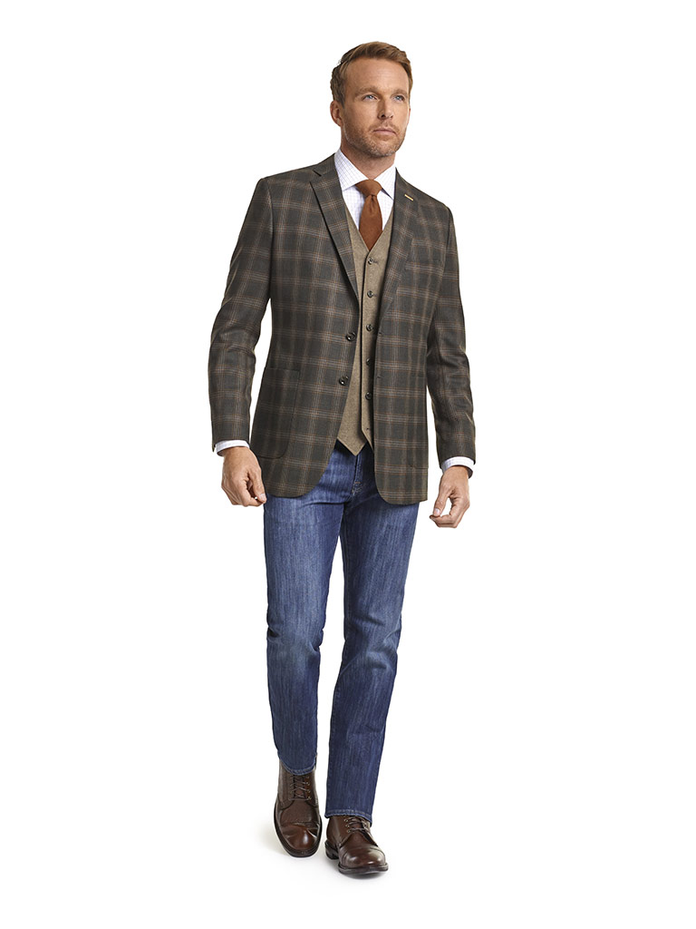 Super 120's Olive Brown Plaid Jacket, Solid Flannel Vest & 34 Heritage Jeans