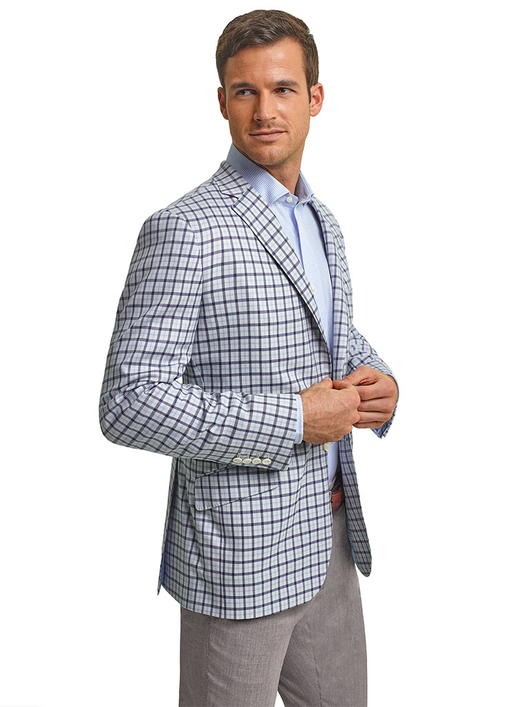 RESORT WARDROBE UPGRADE                                                                                                                                                                                                                                   , Super 120's Cream with Navy and Light Blue Over Check