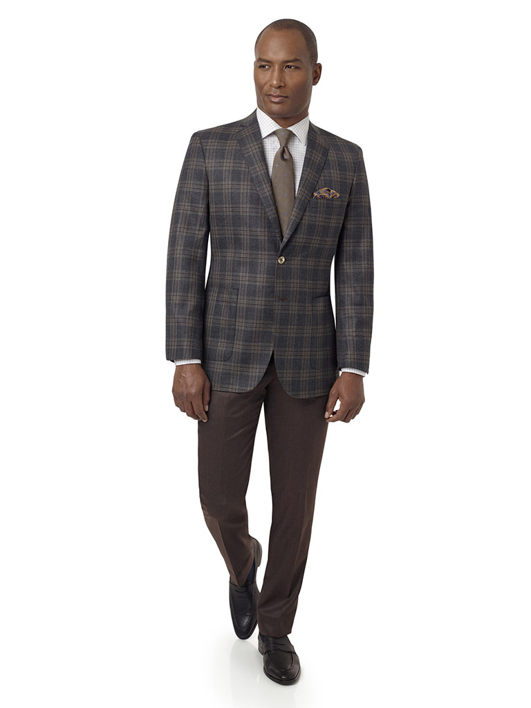 Men's Custom Clothing                                                                                                                                                                                                                                     , Charcoal & Brown Plaid Sport Coat