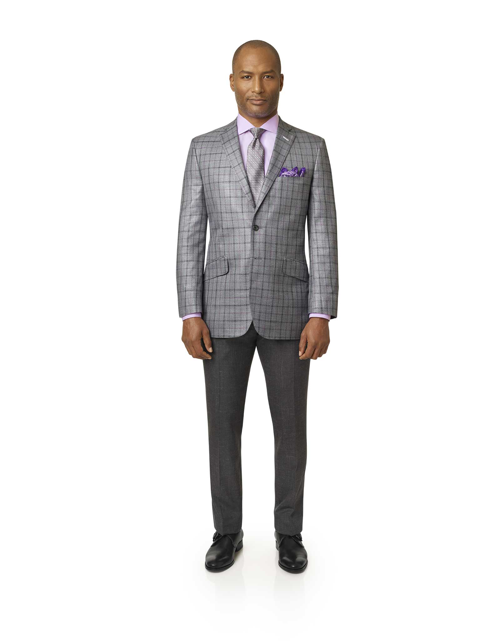 Men's Custom Clothing                                                                                                                                                                                                                                     , Light Gray/Purple Plaid Sport Coat