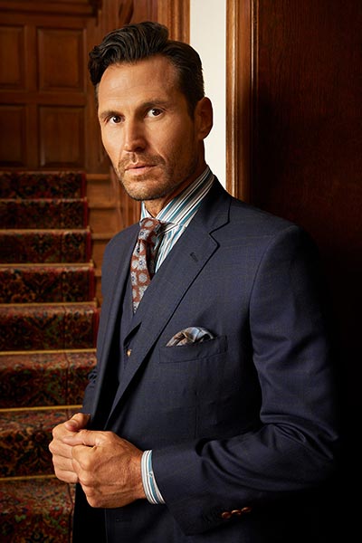 Custom Charcoal Blue Three-Piece Custom Windowpane Suit
