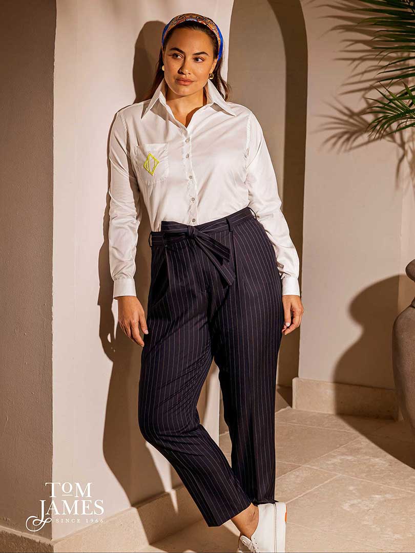 Women's Custom Clothing                                                                                                                                                                                                                                   , Women's Navy Stripe Pants with Self-Tie Belt