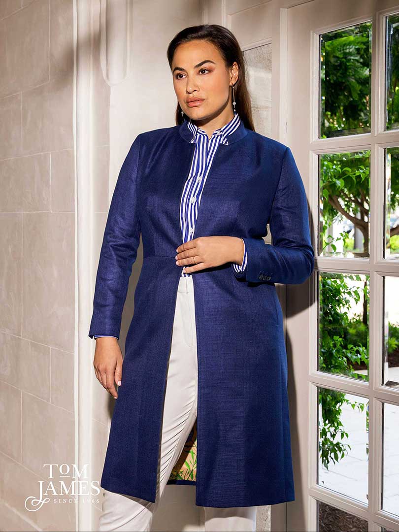 Women's Custom Clothing                                                                                                                                                                                                                                   , Women's Navy Moc Leno Long Jacket