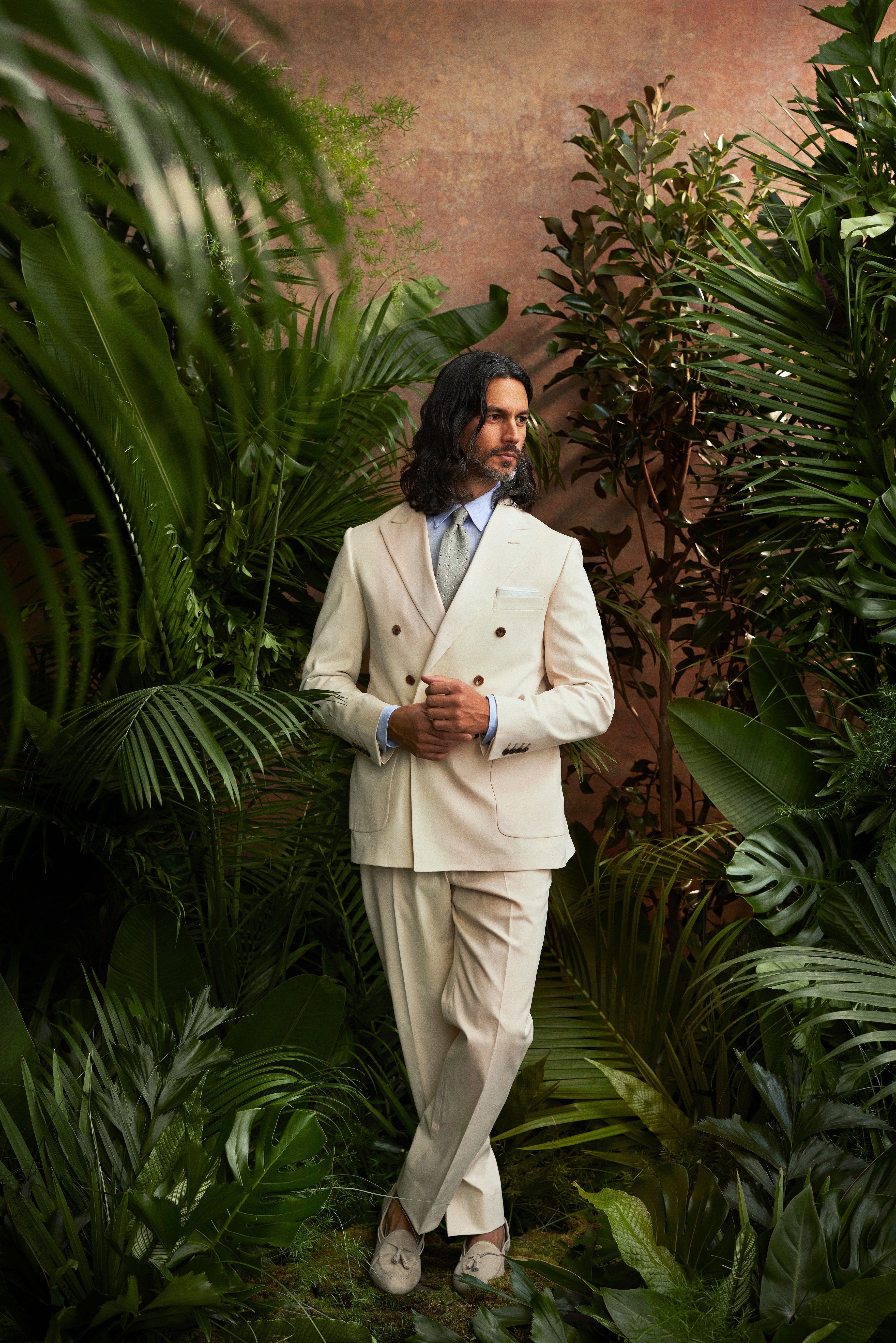 Cream Double-Breasted Cotton Suit