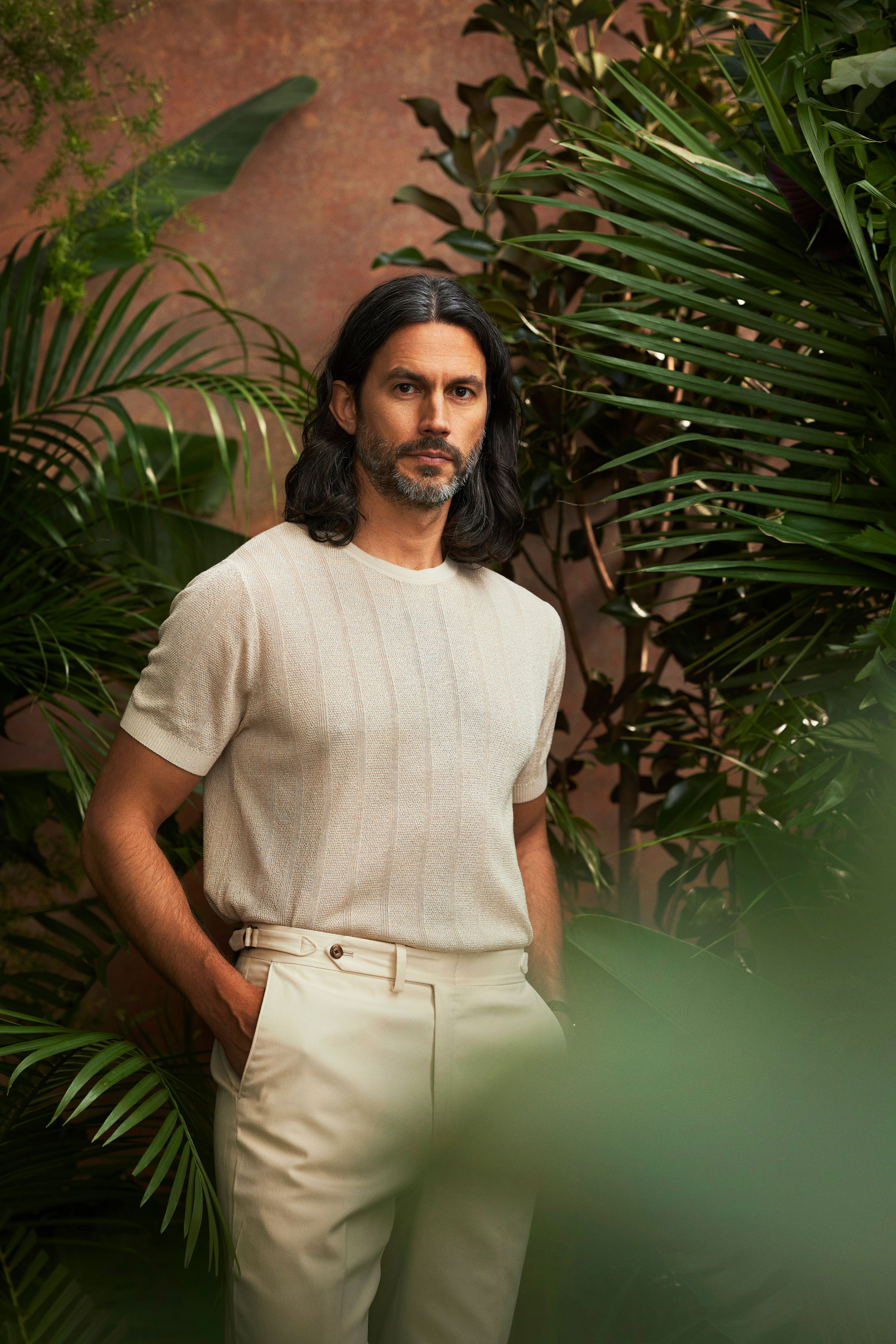 Beige Striped Weave Crew Neck