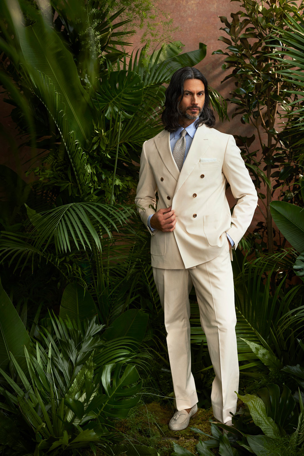 Cream Double-Breasted Cotton Suit