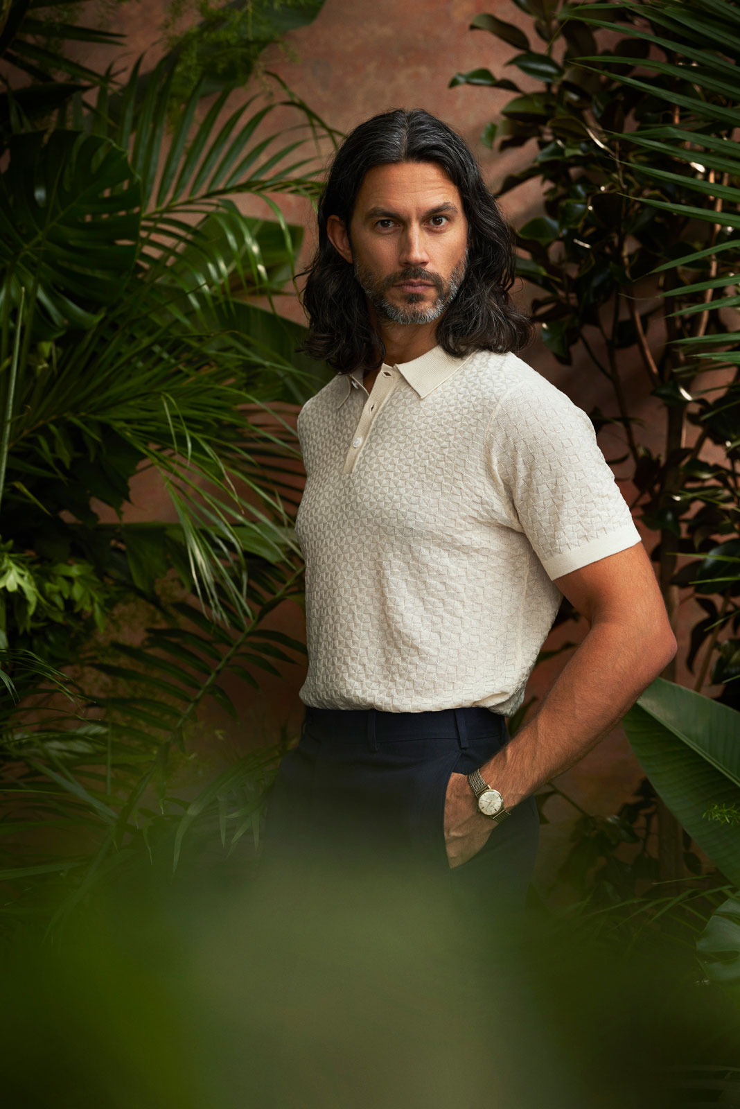 2024 Resort Lookbook                                                                                                                                                                                                                                      , Ivory Basket Weave Havana Button Polo