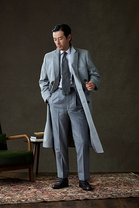 Fall/Winter 2025 Lookbook                                                                                                                                                                                                                                 , Light Gray Flannel Suit And Cashmere Top Coat
