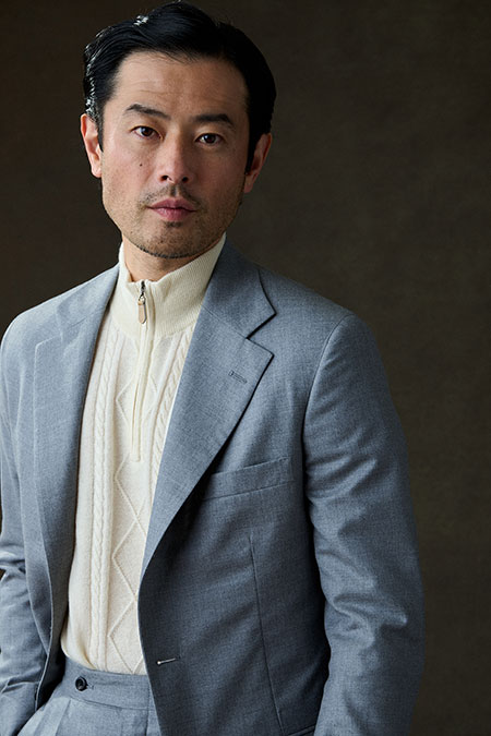 Light Gray Flannel Suit With Fisherman Cable 1/4 Zip Knit