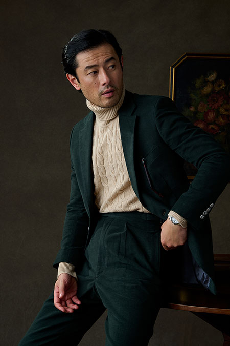 Green Moleskin Suit With Camel Cable Knit Turtleneck