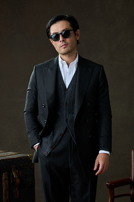 Charcoal Herringbone Suit With Charcoal Cable Knit Cardigan