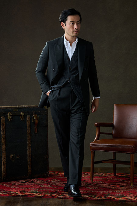 Fall/Winter 2025 Lookbook                                                                                                                                                                                                                                 , Charcoal Herringbone Suit With Charcoal Cable Knit Cardigan