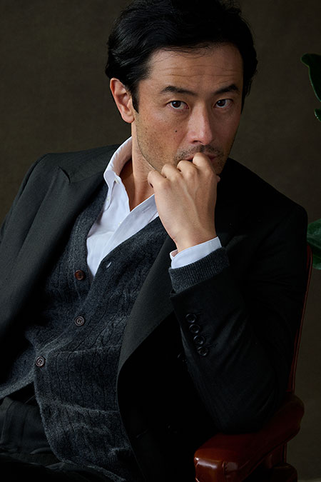 Charcoal Herringbone Suit With Charcoal Cable Knit Cardigan