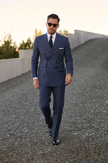 Men's Spring 2025 Lookbook                                                                                                                                                                                                                                , Navy Pinstripe Linen Suit