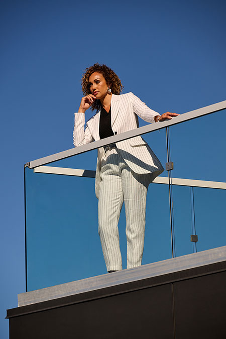 Women's Spring 2025 Lookbook                                                                                                                                                                                                                              , White Pinstripe Linen Suit