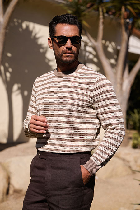 Brown Striped Open Knit Long Sleeve Tee