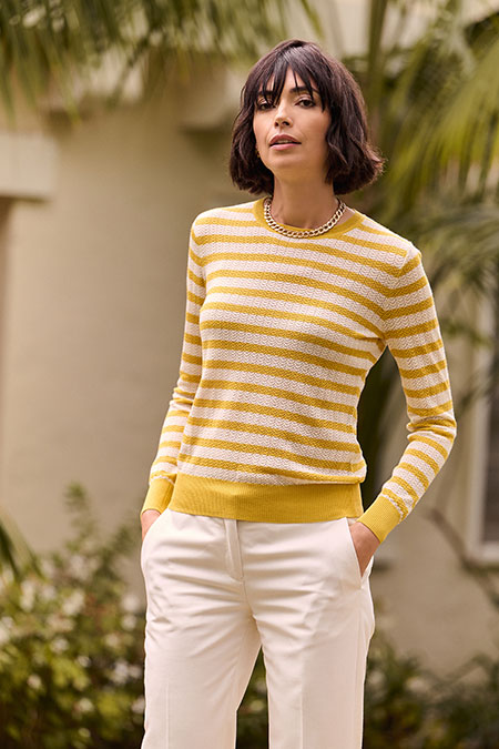 Spring Summer 26 Women's Lookbook                                                                                                                                                                                                                         , Yellow Striped Open Stitch Long Sleeve Knit
