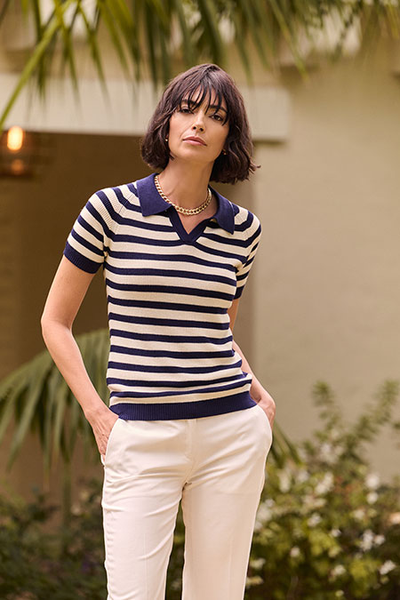 Spring Summer 26 Women's Lookbook                                                                                                                                                                                                                         , Navy Striped Johnny Collar Polo