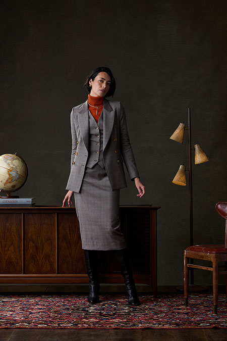 Fall/Winter 2025 Women's Lookbook                                                                                                                                                                                                                         , Tan Plaid 3-Piece Suit
