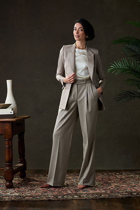 Fall/Winter 2025 Women's Lookbook                                                                                                                                                                                                                         , Tan & Orange Blazer With Cream Silk Blouse