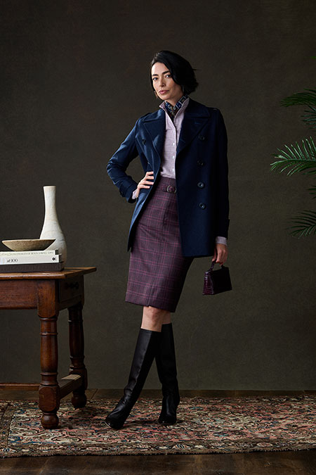 Fall/Winter 2025 Women's Lookbook                                                                                                                                                                                                                         , Navy Wool/Cashmere Peacoat With Burgundy Plaid Skirt